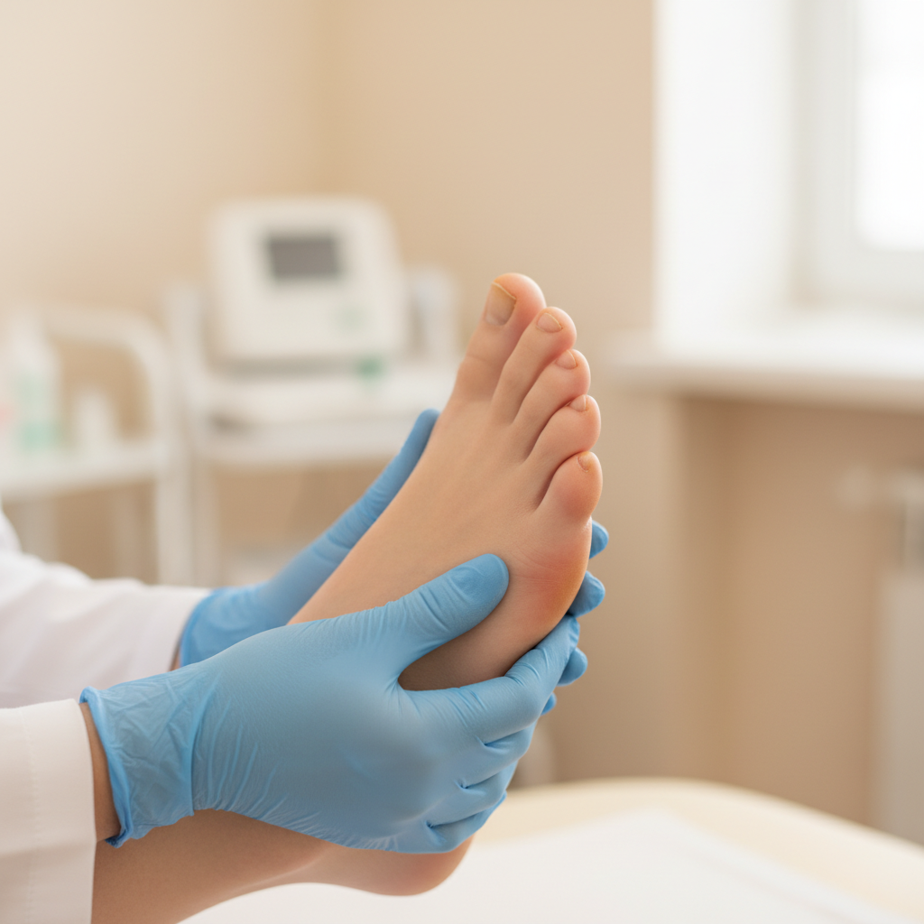 A close-up image of a person's foot with a slight red spot or discolored toenail, gently being examined by a doctor's gloved hands, in a clean, brightly lit medical office.