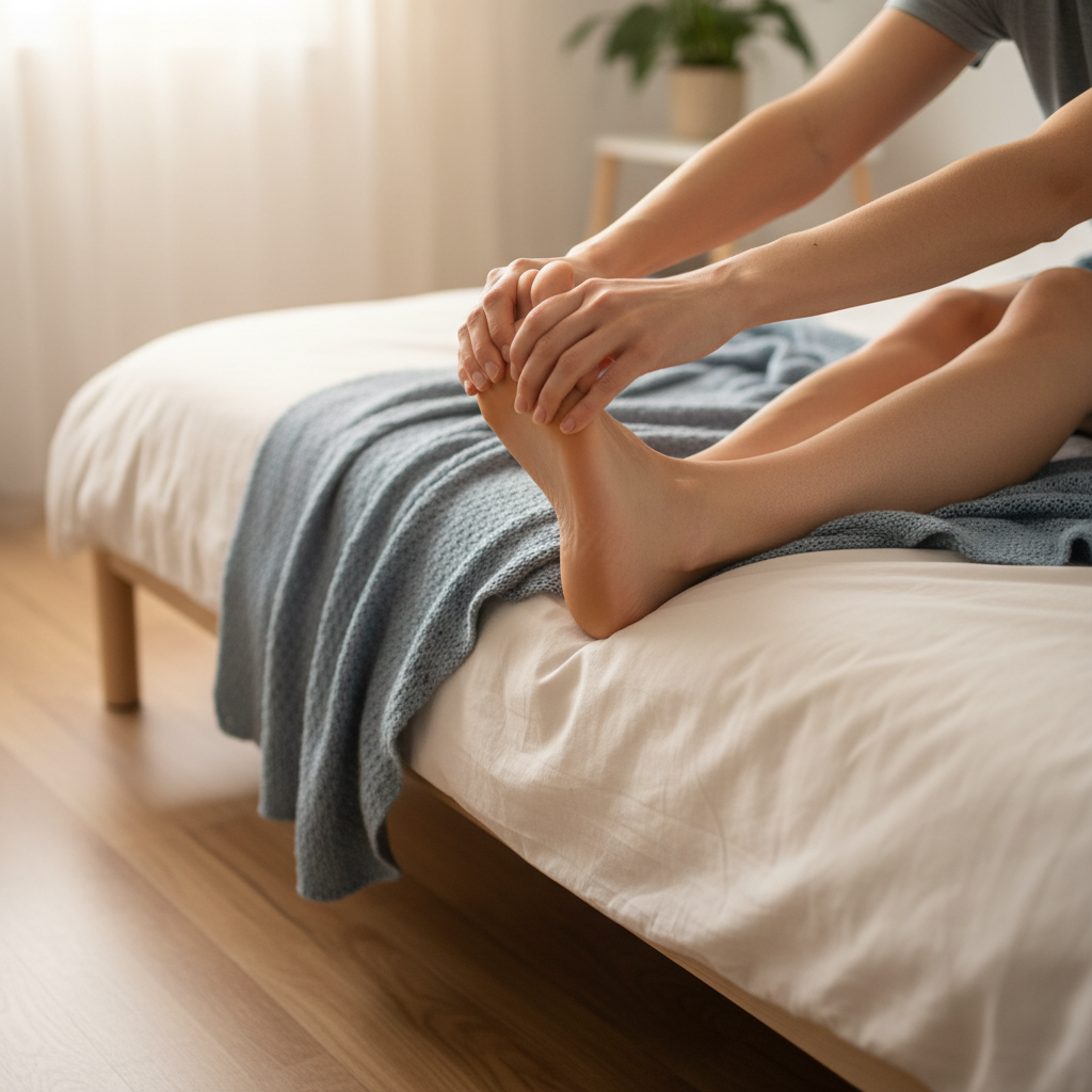 A person sitting on a bed, with one foot extended, gently pulling their toes back towards their shin, demonstrating a plantar fascia stretch. Morning light filters into the room, highlighting the foot