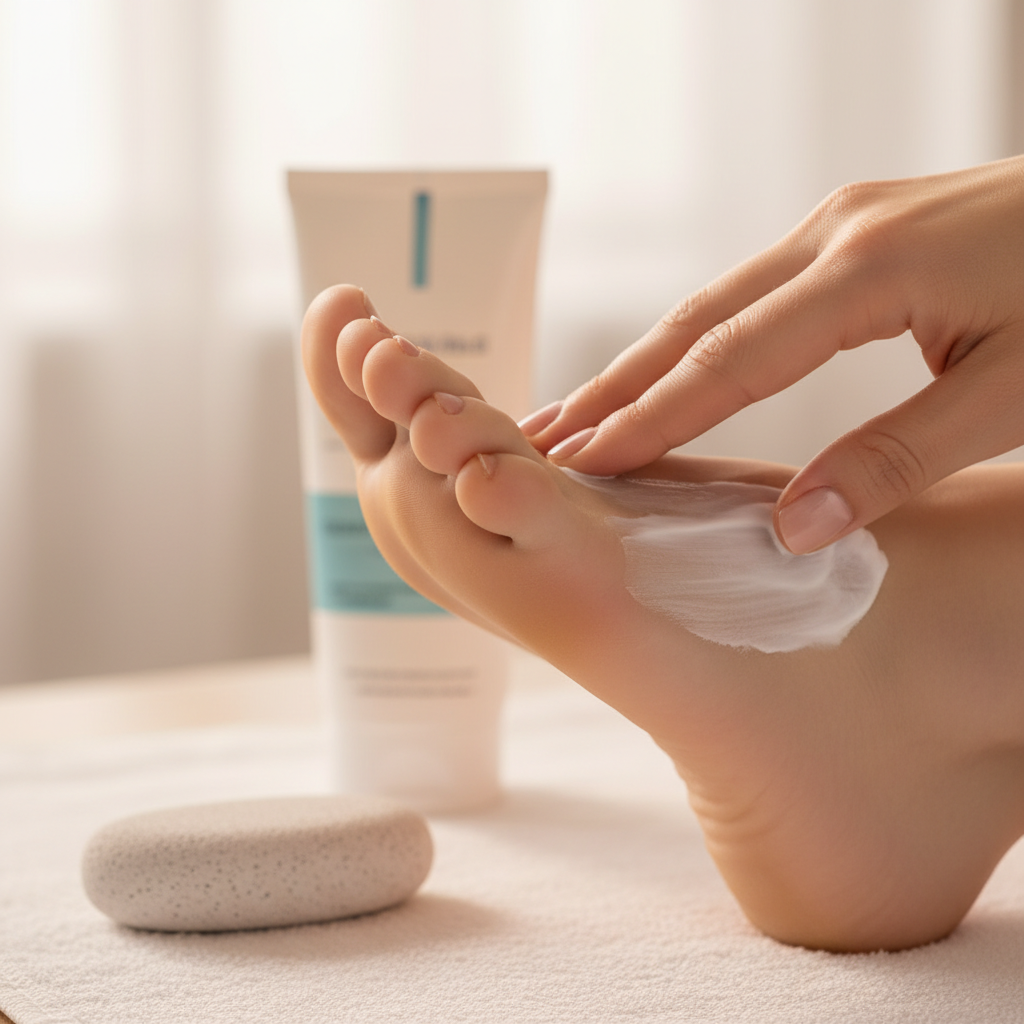 A close-up of a well-moisturized foot, showing smooth, healthy skin on the heel and sole, with a pumice stone and cream tube subtly in the background, illustrating foot care.