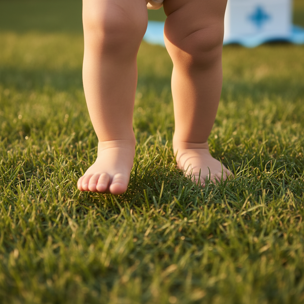 A close-up, top-down image of a fair-skinned toddler's small, healthy bare feet stepping onto a soft, sun-dappled green grass lawn in warm, gentle sunlight.