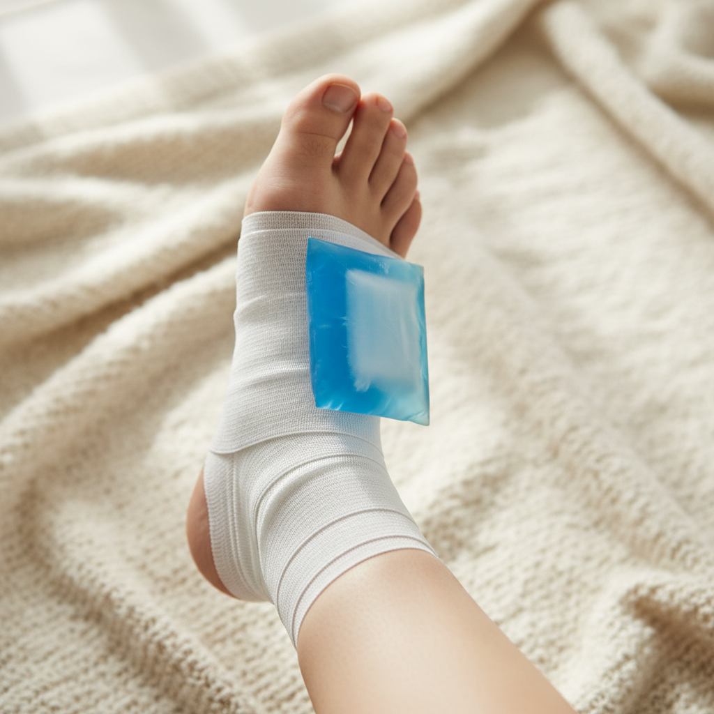 Close-up of a person's ankle wrapped in an elastic bandage with an ice pack resting on top, illustrating home care for a sprain.