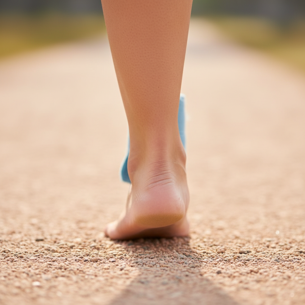 Close-up view of the back of a healthy ankle and heel, showing the Achilles tendon. The skin is clean, and the lighting is soft and natural, suggesting a sense of calm and well-being. The background i