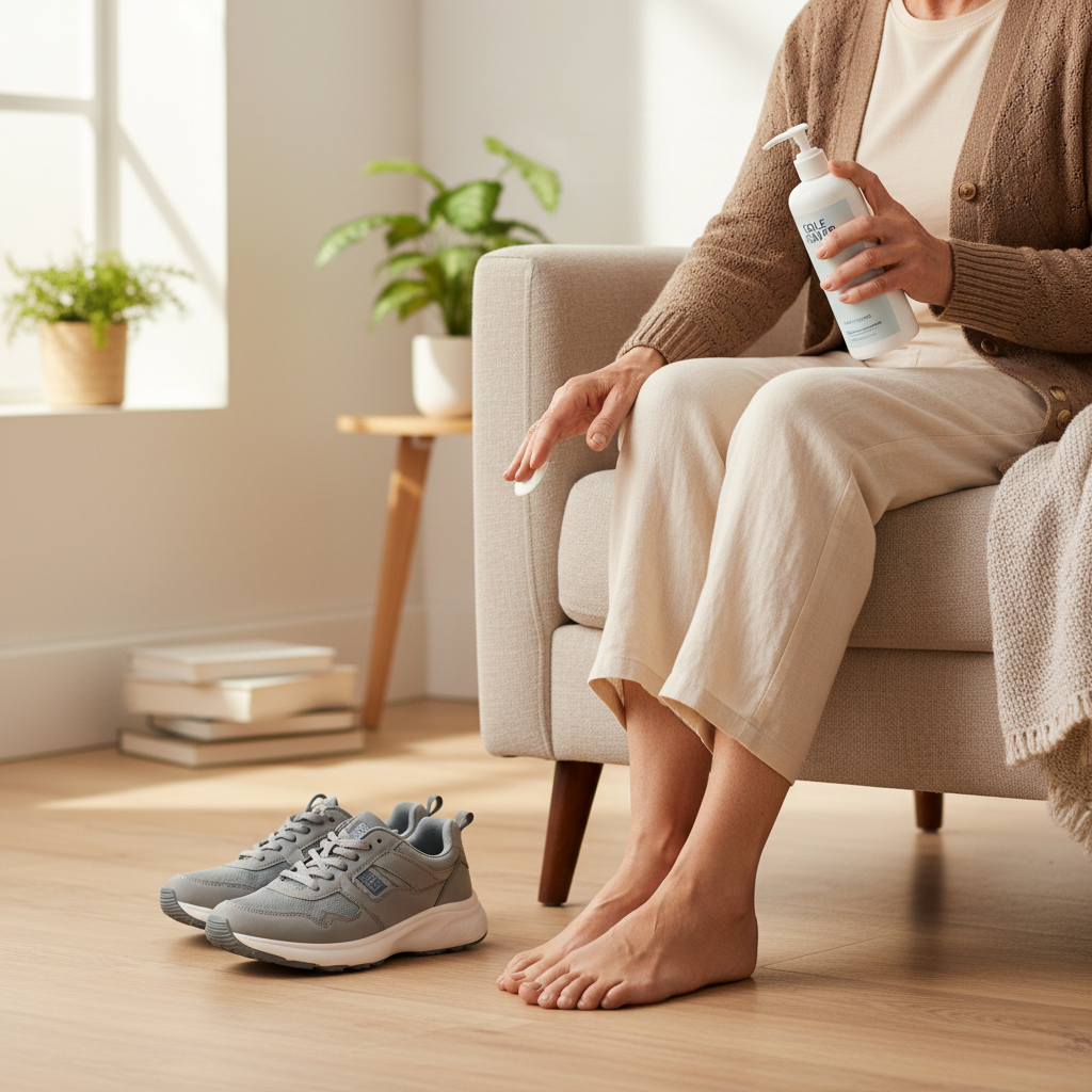 A senior person carefully moisturizing their foot, with comfortable walking shoes nearby, illustrating the importance of daily foot care and proper footwear for older adults.
