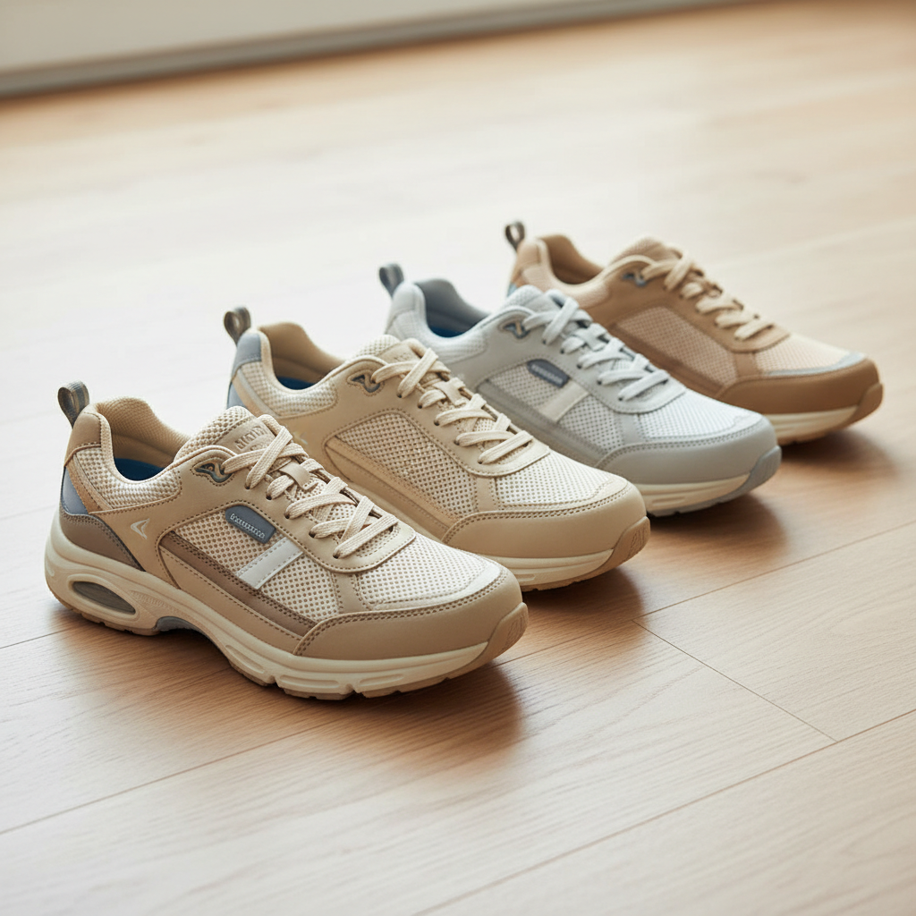 Several pairs of comfortable, supportive walking and athletic shoes in various colors, neatly arranged on a light wooden floor, with good lighting highlighting their features.