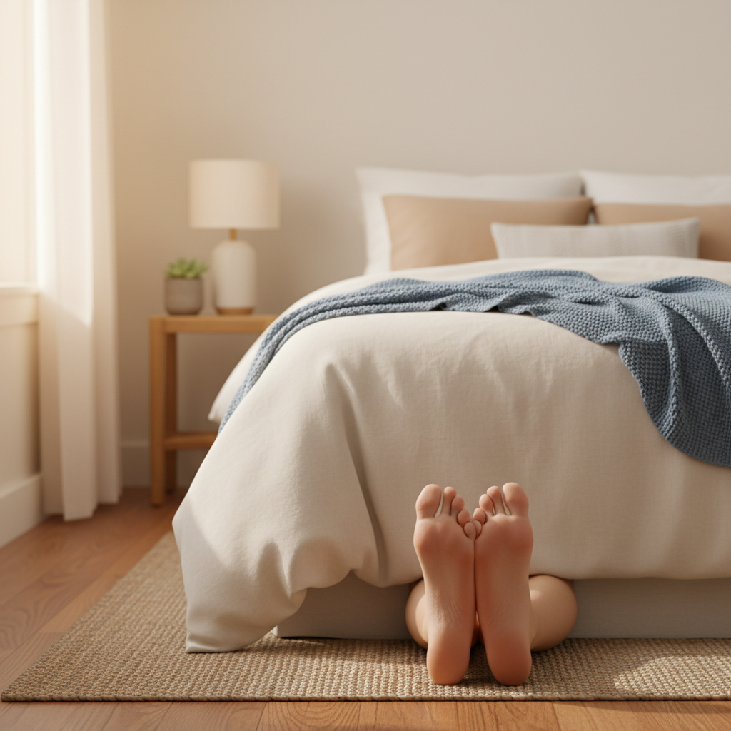 A close-up shot of bare feet gently stretching on the edge of a bed, bathed in soft morning light, conveying comfort and relief from morning foot stiffness.