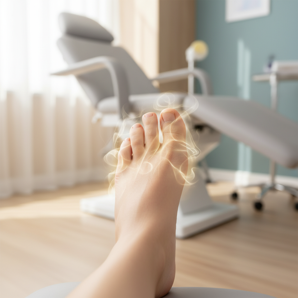 Close-up of a person's bare foot with a slight blur or glow around the toes, conveying a tingling sensation. The background is a soft, warm, out-of-focus clinic setting.