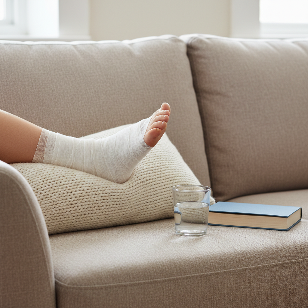 A bandaged foot, gently elevated on a white pillow, depicting comfortable post-surgery recovery with a soft, peaceful ambiance.