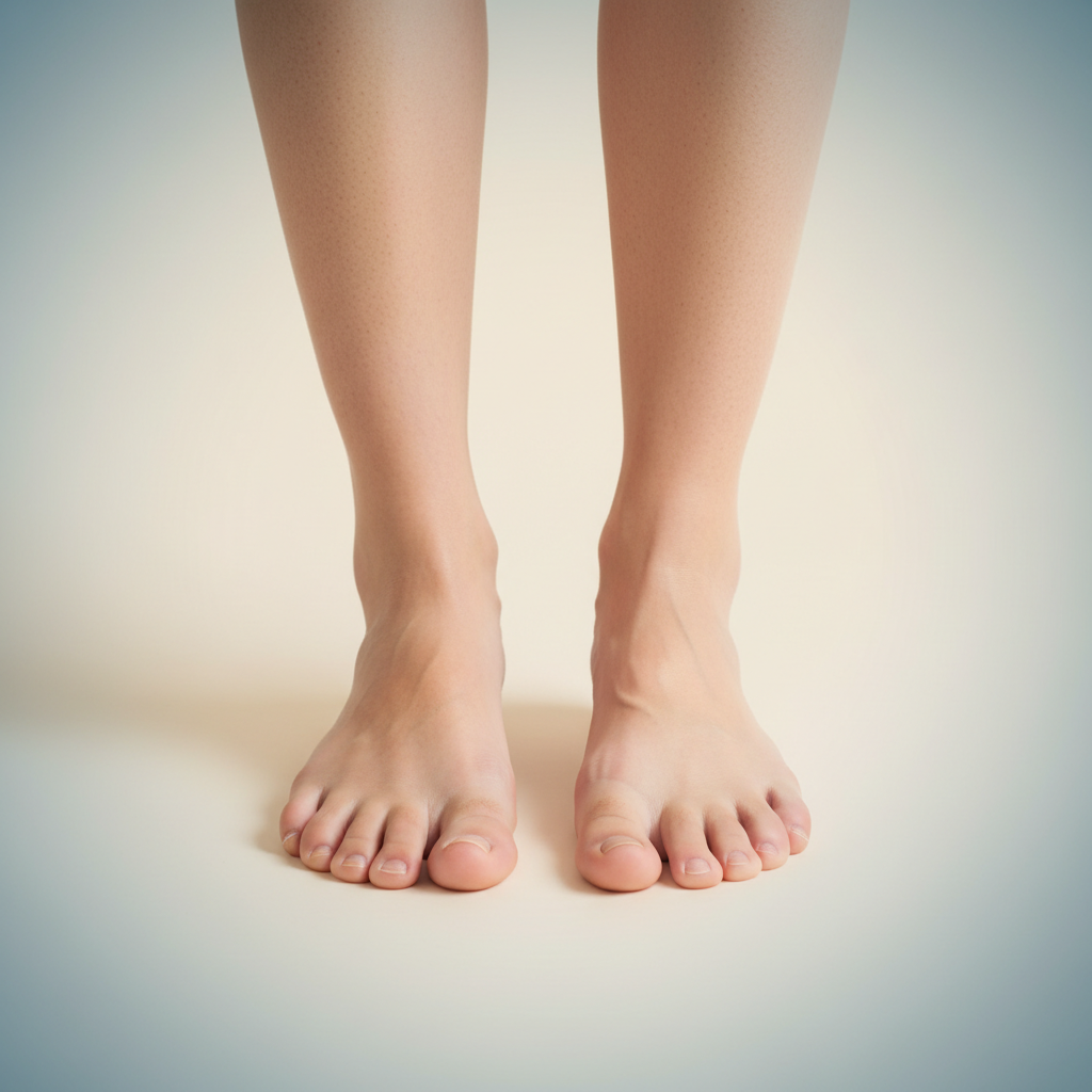 Close-up of bare feet showing a bunion on the big toe and slight hammertoes on smaller toes, highlighting common toe deformities in a neutral setting.