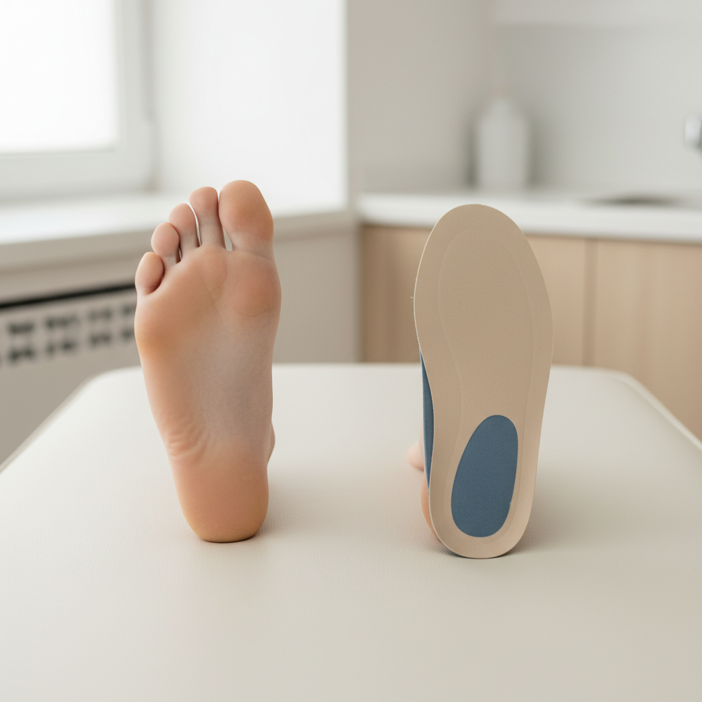 Top-down view of one flat foot next to a supportive arch insert, illustrating the concept of arch support for fallen arches.