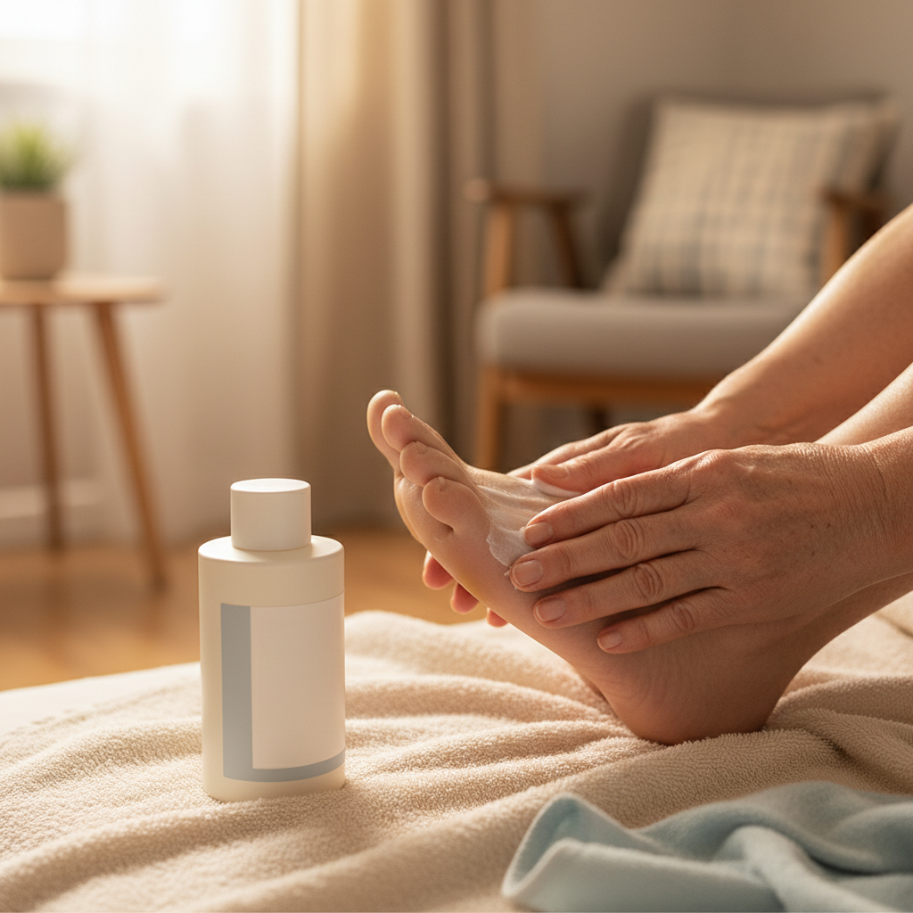 An elderly person's hands gently applying moisturizer to their feet, emphasizing self-care and comfort for senior foot health.