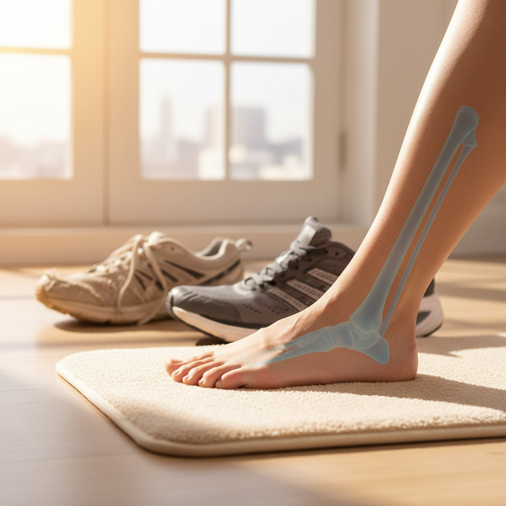 A close-up of a bare foot demonstrating the location of the plantar fascia ligament, with supportive shoes and ice packs nearby, symbolizing relief from heel pain.
