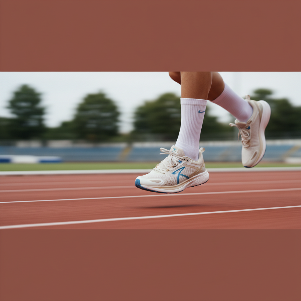 Runner's feet in athletic shoes mid-stride on a track, highlighting foot health during exercise.