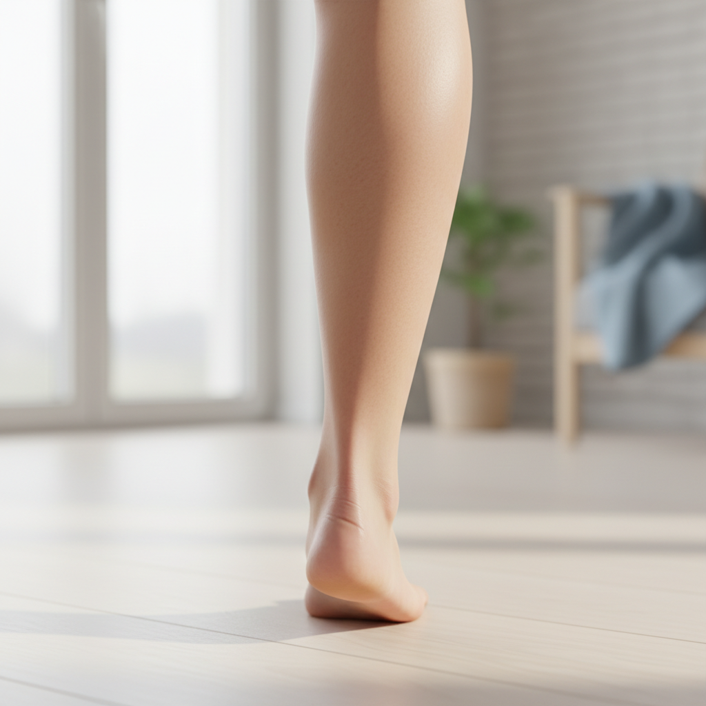 Close-up view of the back of a bare foot, showing the Achilles tendon connecting the calf muscle to the heel bone, with a subtly blurred background.