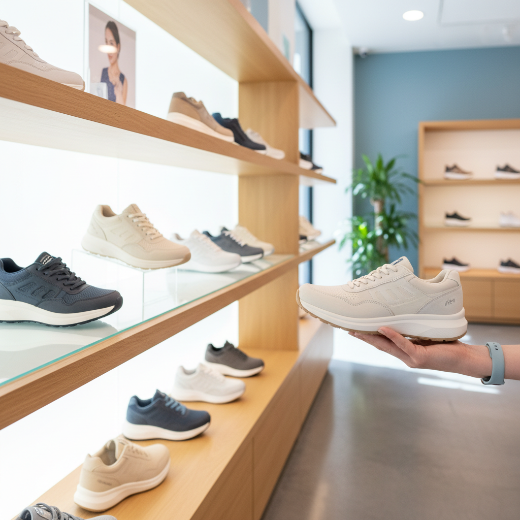 A bright display of various comfortable walking and athletic shoes in a clean shoe store, highlighting proper footwear.