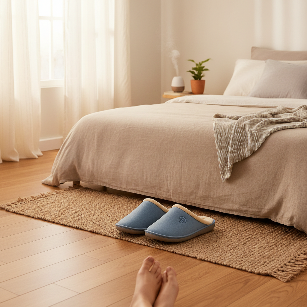 Soft morning light illuminates a bedroom, highlighting comfortable slippers beside the bed, suggesting relief from morning foot stiffness.