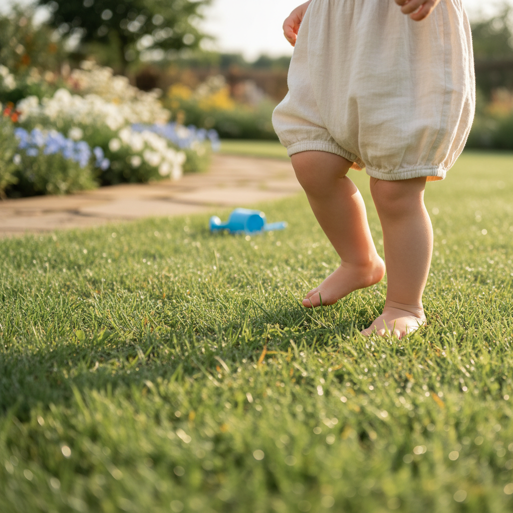 Close-up of a young child's bare feet, healthy and natural, standing on lush green grass in soft sunlight, symbolizing natural foot development.