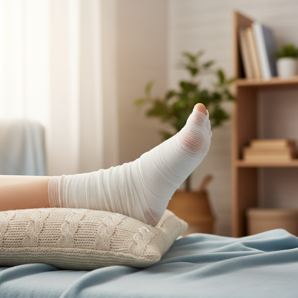 A close-up image of a bandaged foot elevated on a soft pillow, indicating rest and recovery after surgery.