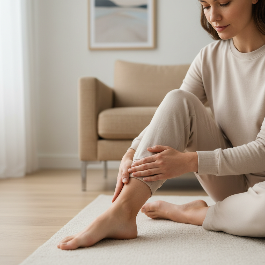 A person gently inspecting their bare foot, looking at the sole, to highlight the importance of self-examination for foot health.