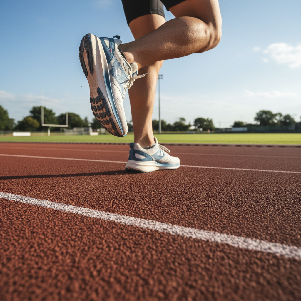 Close-up of a runner's feet and lower legs on a track, showing a foot mid-stride in proper running shoes, symbolizing athletic activity and movement.