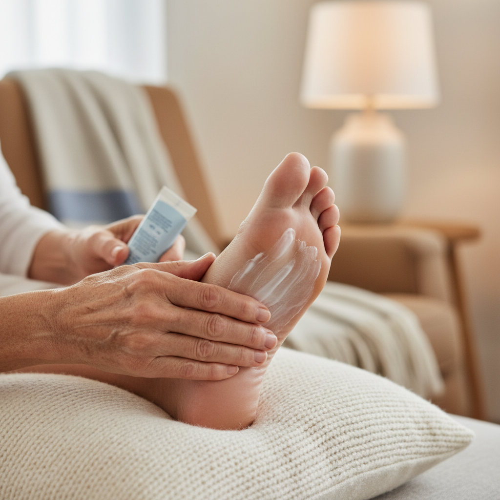 Elderly person's hands gently moisturizing their foot, resting on a soft pillow, in a warm, comfortable home setting, symbolizing self-care and foot health.